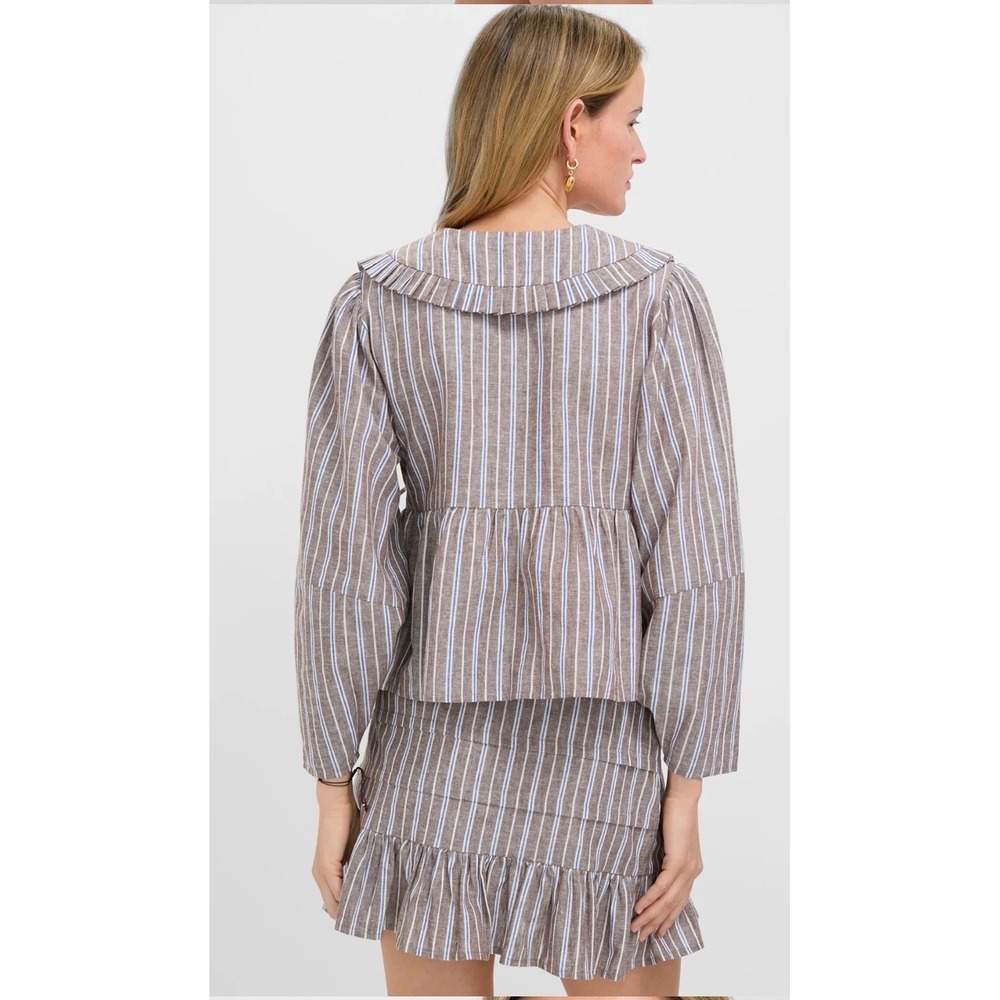 Tuckernuck Dove Stripe Linen Bethany Blouse Brown Blue Wrap Top Size L NWT - Picture 2 of 7
